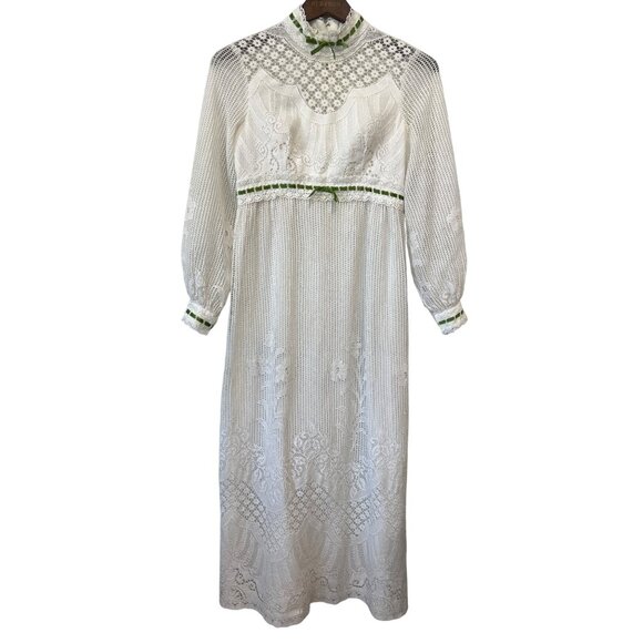 Vintage 70s Maxi Dress Size Small Victorian Revival Lace High Neck Empire Waist - Picture 1 of 10